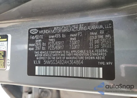 2010 Hyundai Santa Fe Gls из США, поврежденный, VIN 5NMSG3AB2AH364864